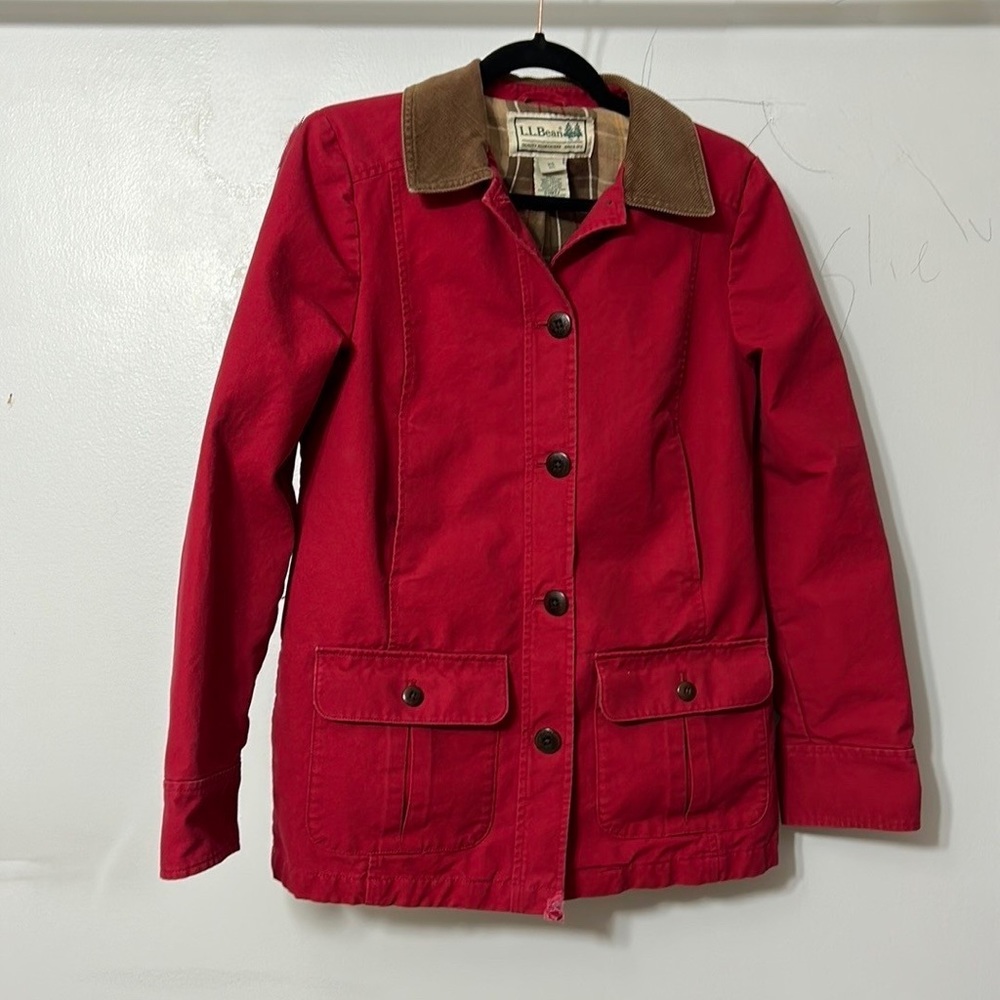 LL Bean Barn Red Chore Coat Corduroy Cuff & Collar Quilted Lining Vintage XSmall